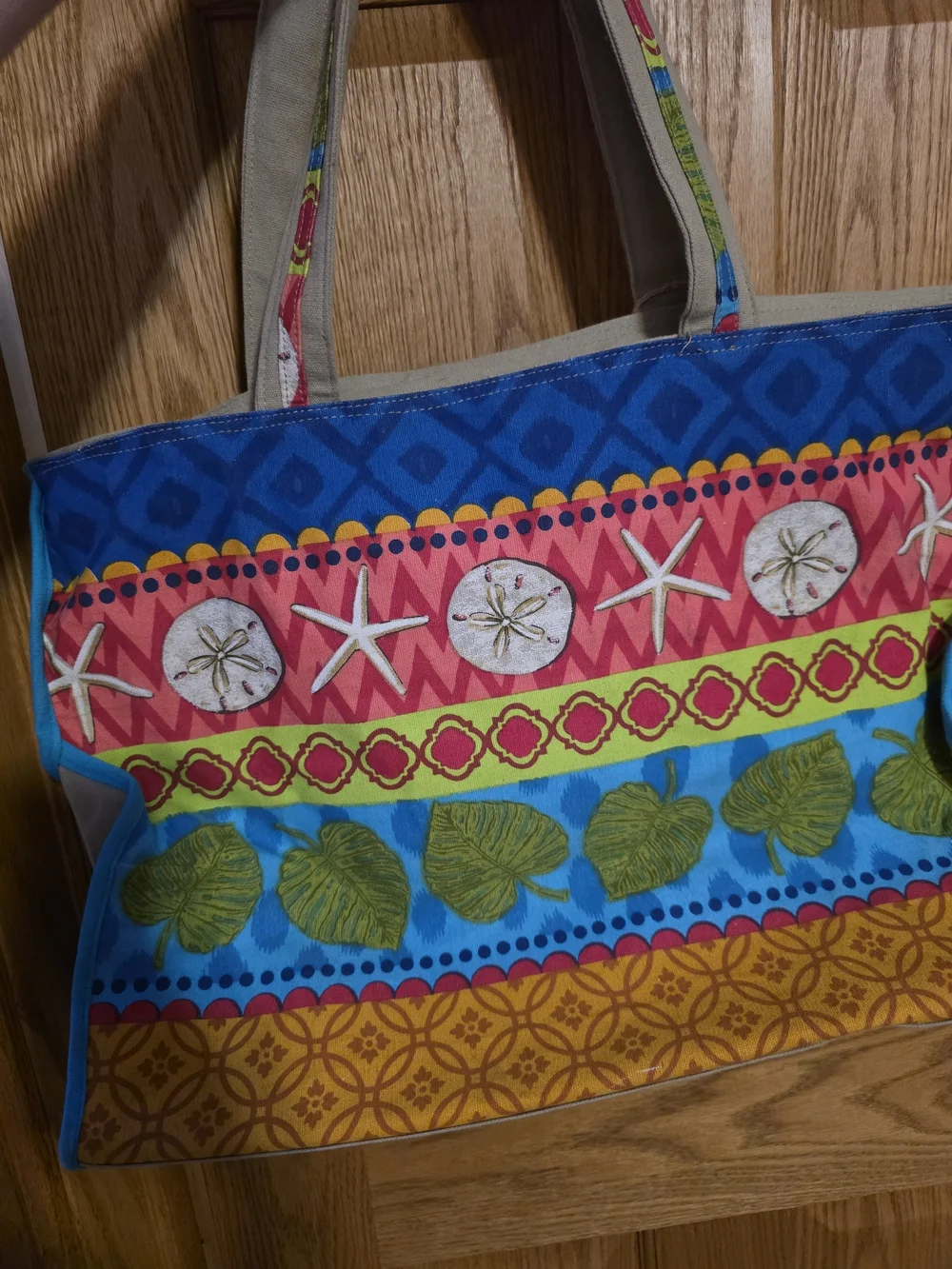 Beach Shell Canvas Tote Bag in Blue, Yellow & Pink